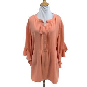 Vince Camuto Blouse Womens 3X Plus Salmon Split Neck Ruffle Sleeve Pintuck Top